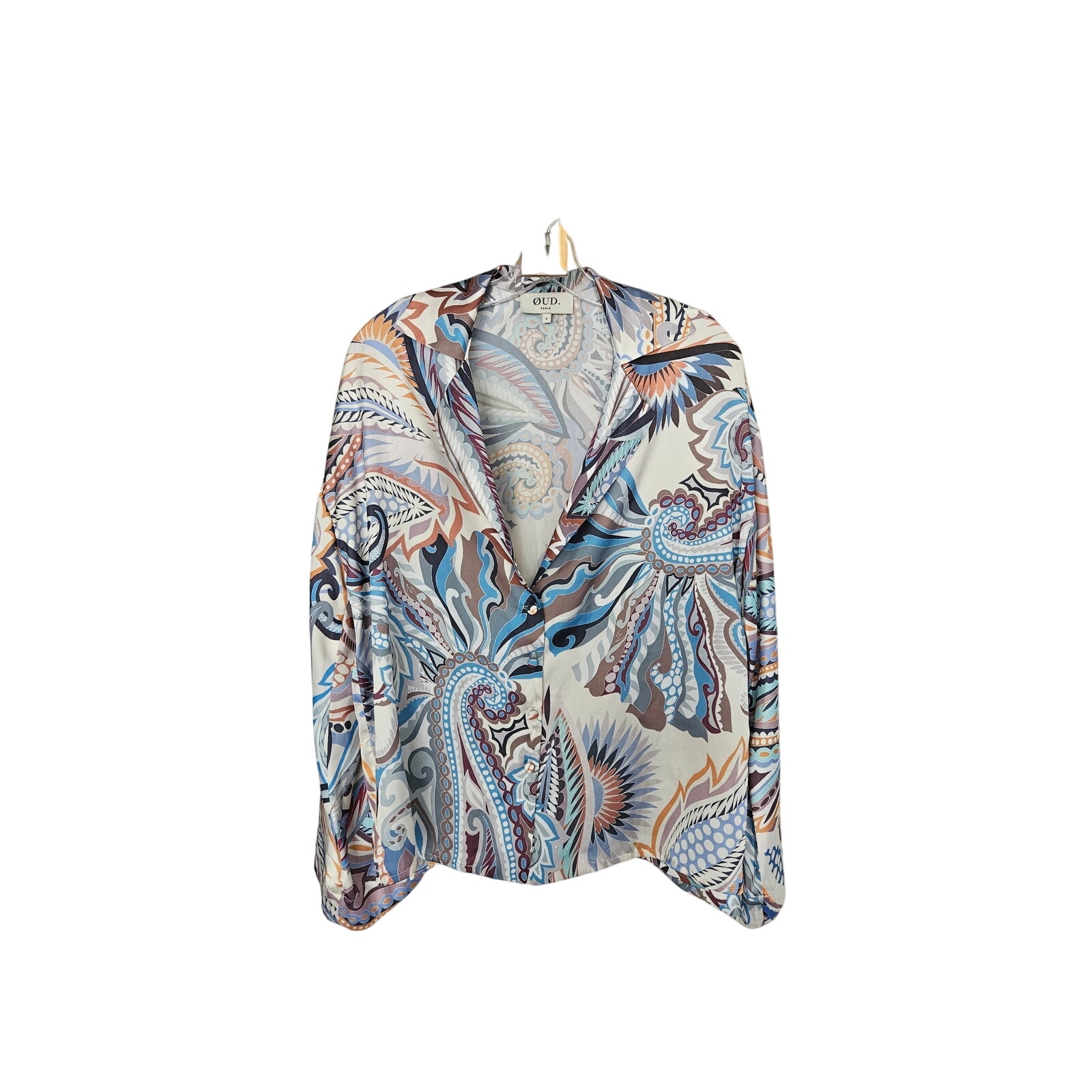 Oud. Paris Women's Blue Cream Shannon Silky Button Collared Blouse Size Small